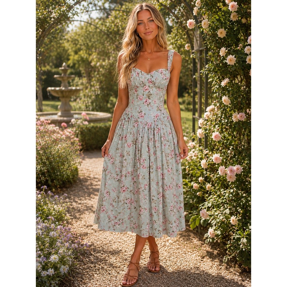 Sweet Floral Midi Dress in Mint with Pink Roses